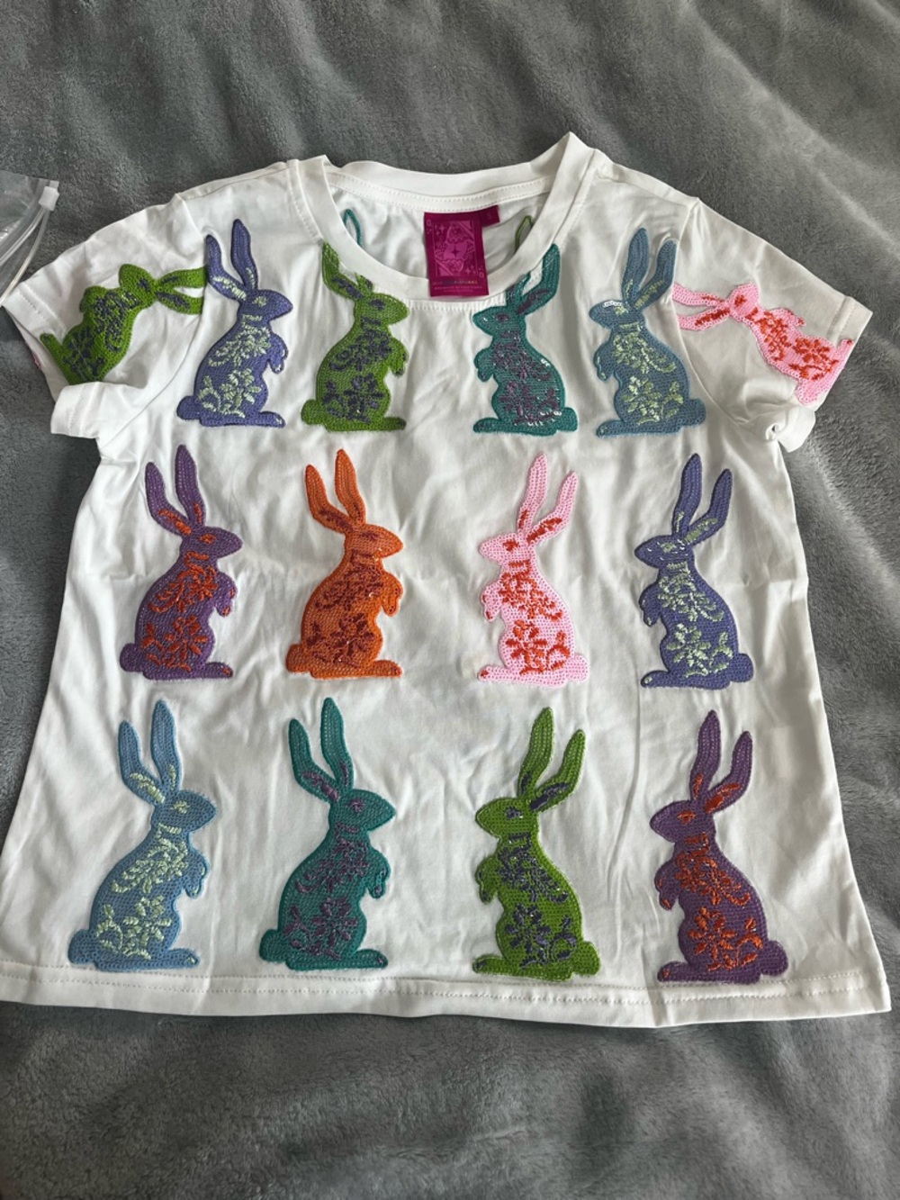 QUEEN OF SPARKLES White Short Sleeve Tee with Multi-Color Bunny Appliqués